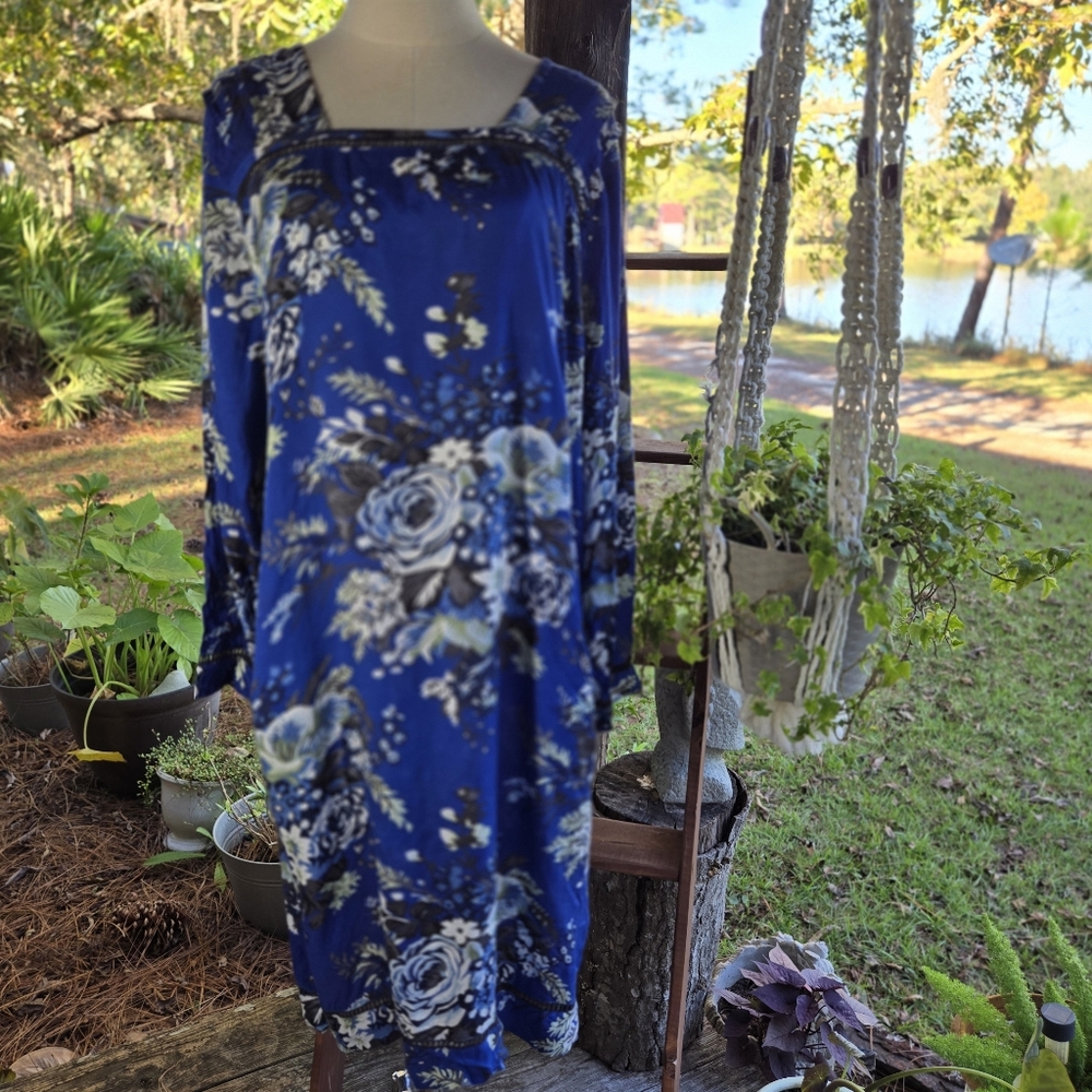 Masai Copenhagen Blue Floral Square Neckline Tunic Shift Midi Dress Size L